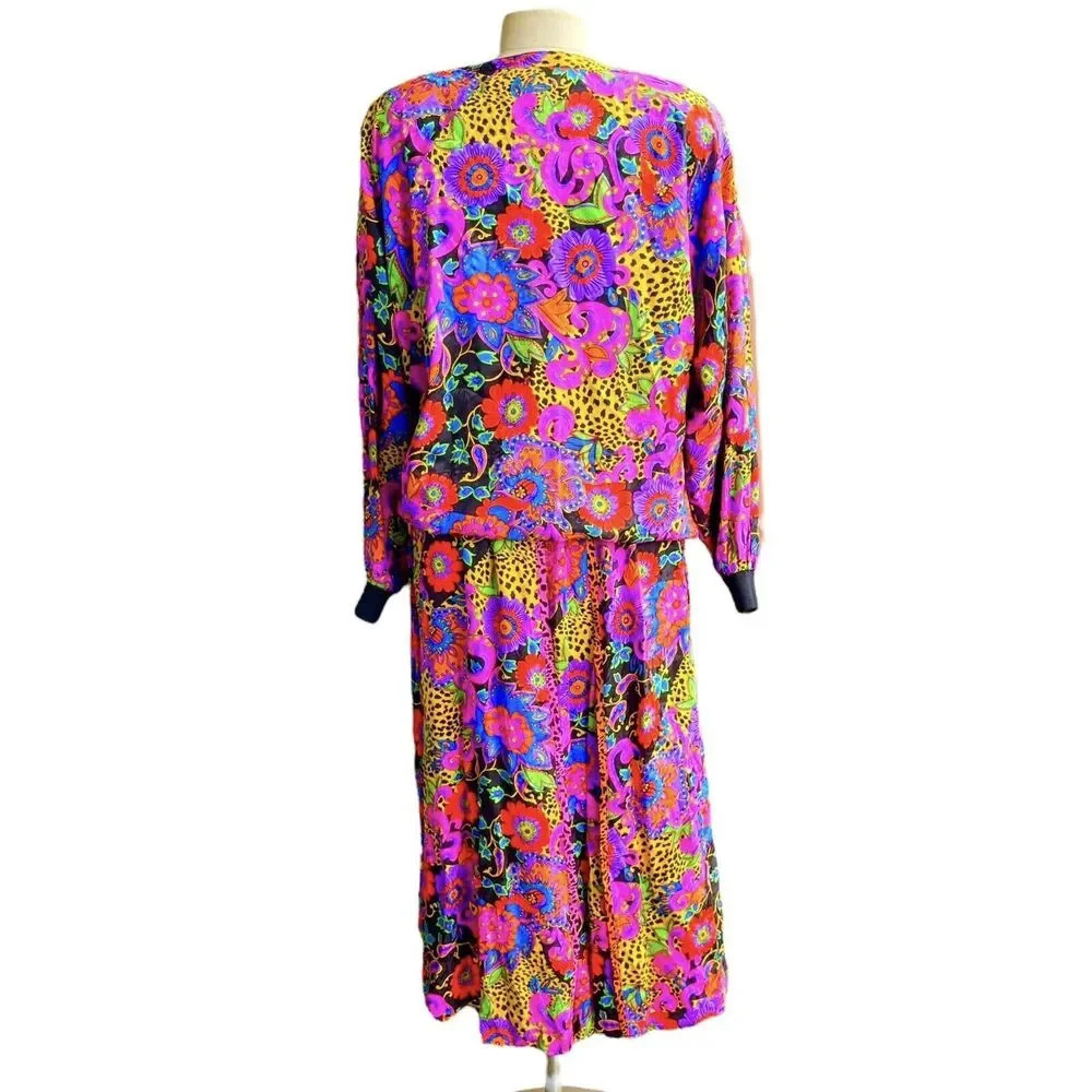 VTG DIANE FREIS 80’s Georgette Silk Top & Pleated Skirt Outfit Dolman Sleeve XL - Picture 2 of 5